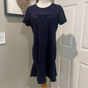 DKNY Cotton Navy Blue Ruffle Bottom Dress With Sequin Logo Size L